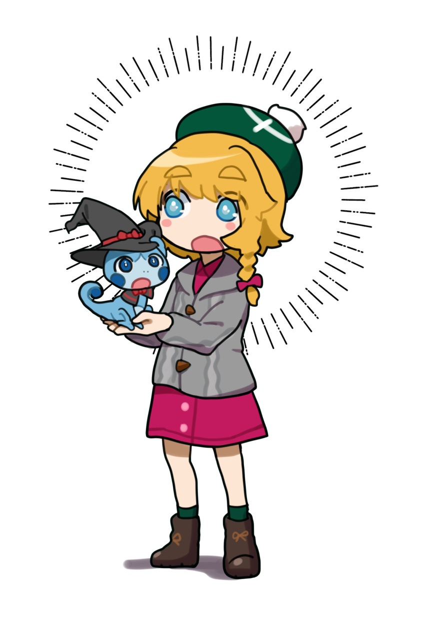 1girl black_headwear blonde_hair blue_eyes blush boots bow braid brown_footwear cable_knit cardigan collared_dress commentary_request cookie_(touhou) cosplay dress flat_chest full_body gloria_(pokemon) gloria_(pokemon)_(cosplay) green_headwear green_socks grey_cardigan hat highres holding holding_pokemon hooded_cardigan kakusou kirisame_marisa medium_bangs meguru_(cookie) open_mouth pink_bow pink_dress pokemon pokemon_(creature) pokemon_swsh short_hair side_braid simple_background single_braid sobble socks solo tam_o'_shanter thick_eyebrows touhou white_background witch_hat