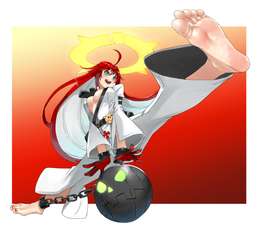 1girl ahoge ankh_necklace ball_and_chain_restraint barefoot belt border breasts center_opening chain compass_rose_halo eiji_(eiji) feet foreshortening gloves guilty_gear guilty_gear_strive hair_between_eyes halo highres jack-o'_valentine large_breasts long_hair multicolored_hair open_mouth red_background red_hair simple_background solo two-tone_hair white_background white_hair