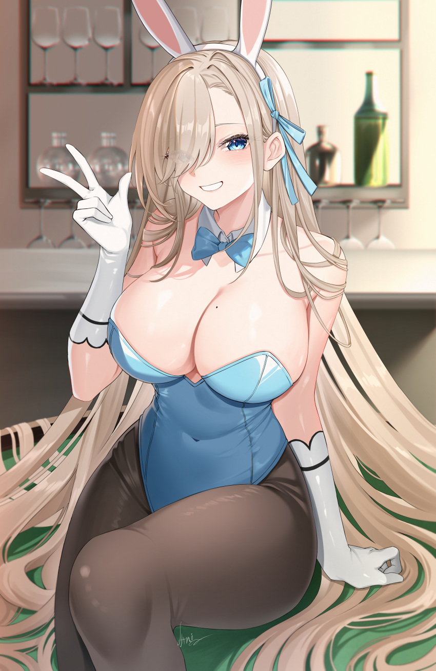 1girl absurdly_long_hair absurdres anientte animal_ears arm_support asuna_(blue_archive) asuna_(bunny)_(blue_archive) asymmetrical_bangs bar_(place) bare_shoulders blue_archive blue_bow blue_bowtie blue_eyes blue_leotard blue_ribbon blurry blurry_background blush bow bowtie breasts brown_pantyhose cleavage collarbone covered_navel detached_collar elbow_gloves english_commentary fake_animal_ears gloves grin hair_behind_ear hair_over_one_eye hair_ribbon hand_up highleg highleg_leotard highres indoors knee_up large_breasts leotard light_blush light_brown_hair long_bangs long_hair looking_at_viewer mole mole_on_breast official_alternate_costume pantyhose playboy_bunny rabbit_ears ribbon shiny_clothes sitting sitting_on_table smile solo strapless strapless_leotard swept_bangs traditional_bowtie very_long_hair w white_gloves wide_hips