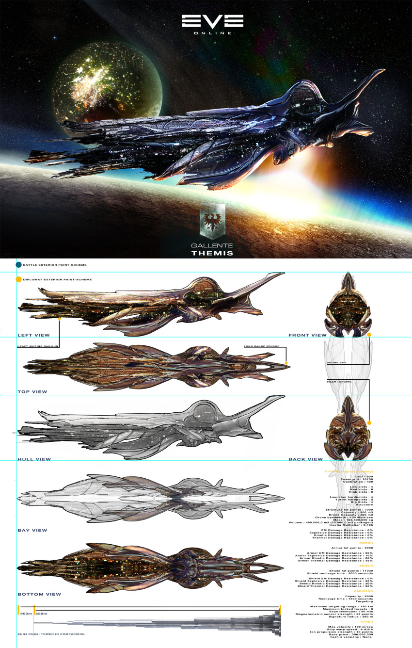 absurdres battleship_(eve_online) building burj_khalifa commentary concept_art copyright_name emblem english_text eve_online from_side fxevo gallente_federation_(eve_online) highres horizon in_orbit logo military_vehicle multiple_views nebula no_humans original outdoors photoshop_(medium) planet realistic reference_sheet science_fiction size_comparison sky skyscraper space spacecraft star_(sky) starry_sky vehicle_focus