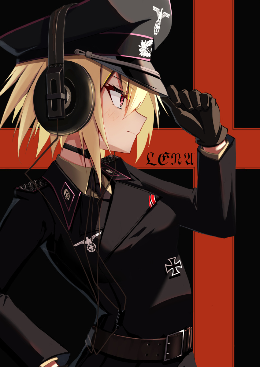 1girl absurdres adjusting_clothes adjusting_headwear belt black_background blonde_hair brown_gloves cross epaulettes gloves grin hand_on_own_hip hat headphones highres iron_cross jiseki_rena military_uniform nazi necktie original peaked_cap profile red_background red_eyes reichsadler rena_(jiseki_rena) short_hair smile solo throat_microphone totenkopf tsurime two-tone_background uniform white_background