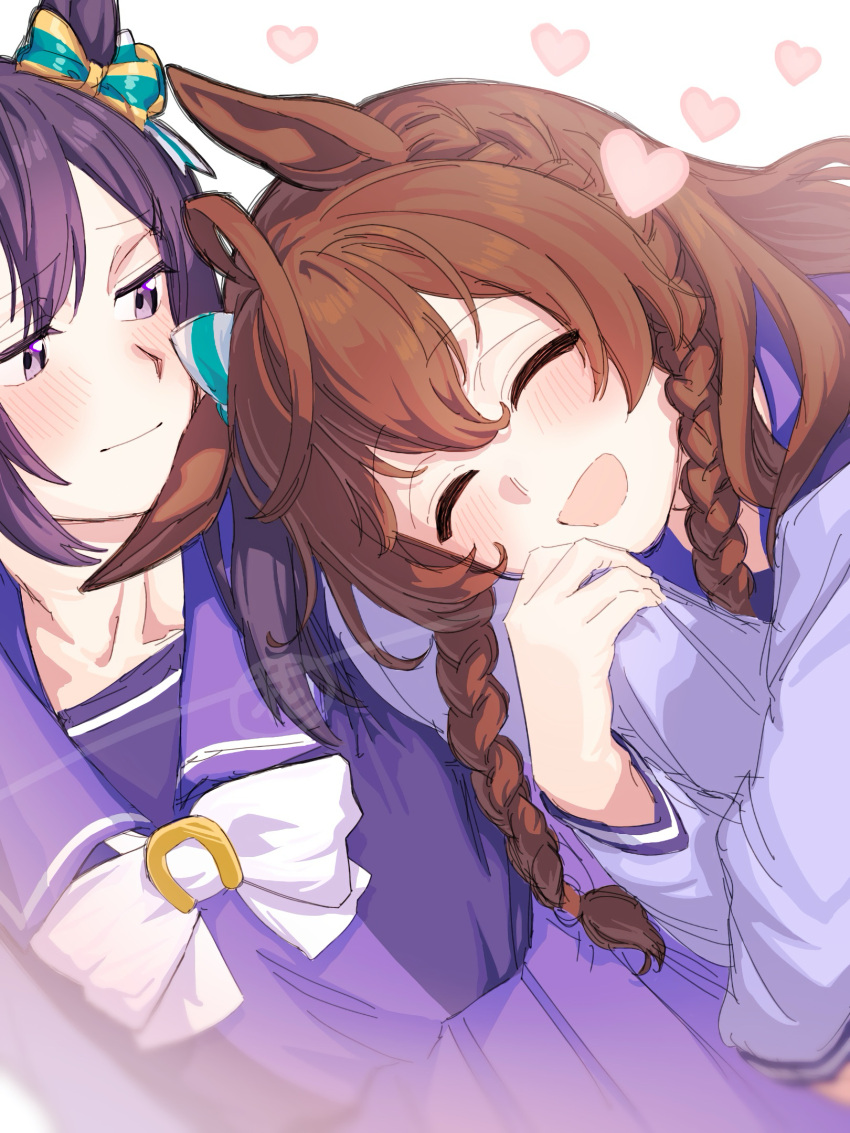 2girls ahoge animal_ears arm_hug blush bow braid brown_hair closed_eyes closed_mouth commentary_request dutch_angle ear_bow ear_ornament hair_between_eyes heart highres horse_ears horse_girl long_hair mejiro_bright_(umamusume) mejiro_dober_(umamusume) multiple_girls omotil purple_eyes purple_serafuku purple_shirt purple_skirt sailor_collar school_uniform serafuku shirt side_braids simple_background skirt smile tracen_school_uniform umamusume white_background white_bow winter_uniform