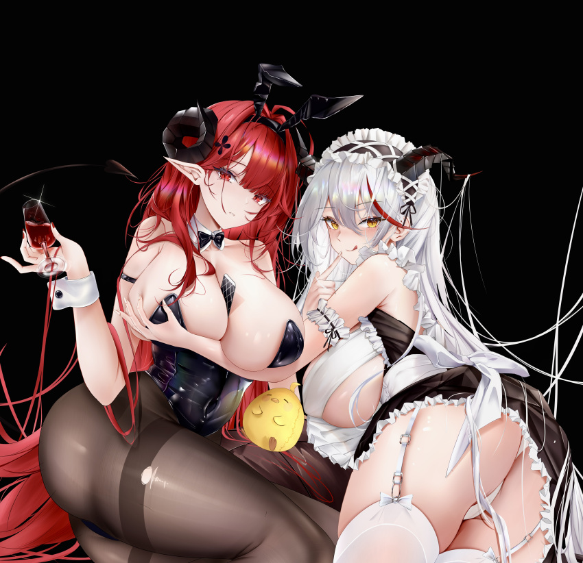 2girls absurdres aegir_(azur_lane) aegir_(iron_blood's_dragon_maid)_(azur_lane) alternate_costume animal_ears arm_garter azur_lane bare_shoulders between_breasts black_background black_headband black_horns black_leotard blunt_bangs bow bowtie breast_hold breasts brown_pantyhose card card_between_breasts cleavage cup curled_horns demon_girl demon_horns detached_collar fake_animal_ears finger_to_mouth frilled_bandeau frilled_hairband frills from_behind garter_straps green_eyes hair_on_horn hairband headband highleg highleg_leotard highres hindenburg_(azur_lane) holding holding_cup horns index_finger_raised iue_(artist) leotard long_hair looking_at_viewer looking_back maid_headdress manjuu_(azur_lane) multicolored_hair multiple_girls official_alternate_costume pantyhose playboy_bunny playing_card pointy_ears rabbit_ears red_eyes red_hair slit_pupils smile strapless strapless_leotard streaked_hair thighhighs underbutt white_garter_straps white_hair white_thighhighs wrist_cuffs