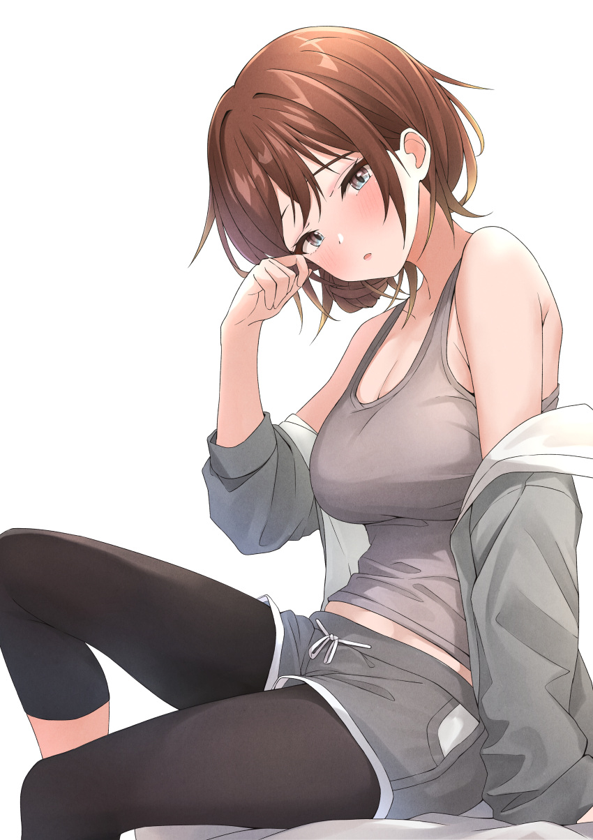 1girl absurdres aketa_mikoto b1ack_illust black_leggings blue_eyes blush bob_cut breasts brown_hair cleavage commentary_request commission cowboy_shot highres idolmaster idolmaster_shiny_colors jacket leggings looking_at_viewer medium_breasts midriff_peek off_shoulder on_bed open_clothes open_jacket parted_lips partially_undressed pixiv_commission rubbing_eyes shirt short_hair short_shorts shorts simple_background sitting sleeveless sleeveless_shirt solo waking_up white_background