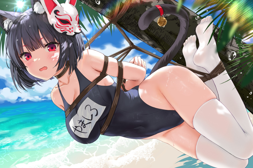 1girl animal_ear_fluff animal_ears arms_behind_back asphyxiation azur_lane bdsm bell black_hair bondage bound breasts cat_tail collarbone covered_navel devil_heavens highres large_breasts no_shoes official_alternate_costume outdoors peril red_eyes rope school_swimsuit shibari short_hair skindentation suspension swimsuit tail tail_bell tail_ornament thighhighs wet white_thighhighs yamashiro_(azur_lane) yamashiro_(summer_offensive?)_(azur_lane)