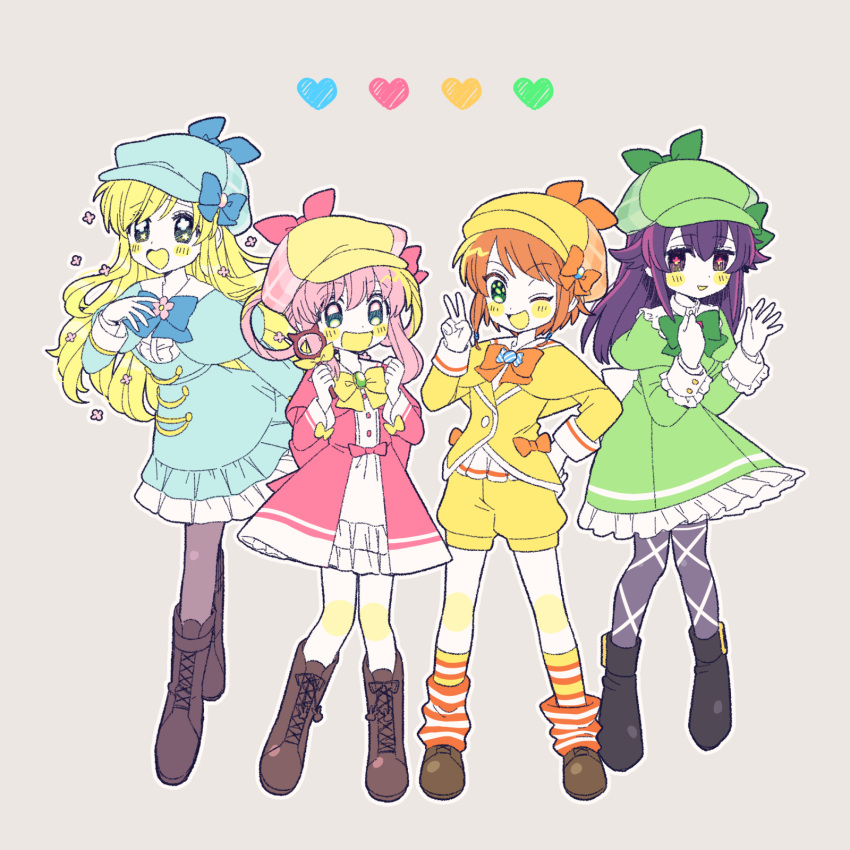 4girls black_footwear blonde_hair blue_bow blue_dress blue_eyes blush bow brown_footwear clenched_hand cordelia_glauca deerstalker dress eyelashes green_bow green_dress green_eyes green_headwear grey_background grey_pantyhose hair_rings hat hat_bow hat_ribbon hercule_barton highres holding holding_wand jacket multiple_girls open_mouth orange_bow orange_hair pantyhose pink_dress pink_hair purple_hair ribbon sherlock_shellingford shorts socks striped striped_socks tantei_opera_milky_holmes tsunoji wand yellow_jacket yellow_shorts yuzurizaki_nero