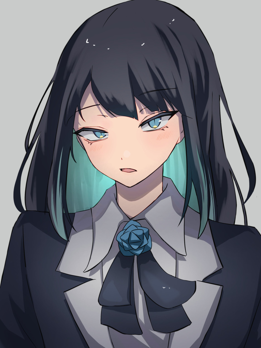 1girl absurdres ado_(utaite) black_bow black_bowtie black_hair black_jacket blue_eyes blue_flower blue_hair blue_rose blush bow bowtie chando_(ado) cloud_nine_inc collared_shirt colored_inner_hair commentary flower flower_brooch grey_background highres jacket long_hair looking_at_viewer multicolored_hair open_mouth rose shirt sidelocks simple_background slit_pupils solo tsukuno_tsuki two-tone_hair upper_body utaite white_shirt