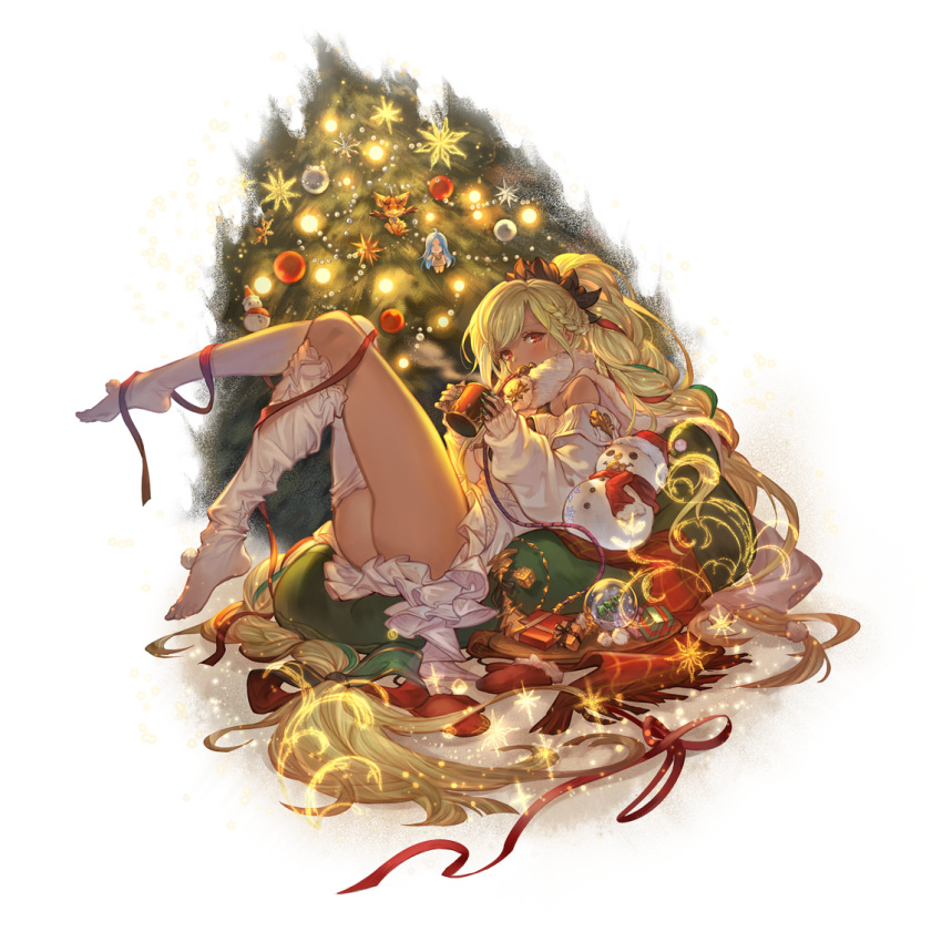 1girl blonde_hair blush box braid christmas christmas_tree cup dark-skinned_female dark_skin full_body gift gift_box granblue_fantasy green_ribbon hair_ribbon helel_ben_shalem holding holding_cup long_hair long_sleeves looking_at_viewer minaba_hideo mug no_shoes official_art pacifier red_eyes red_ribbon ribbon snow_globe snowman solo thighhighs thighhighs_pull transparent_background very_long_hair white_thighhighs