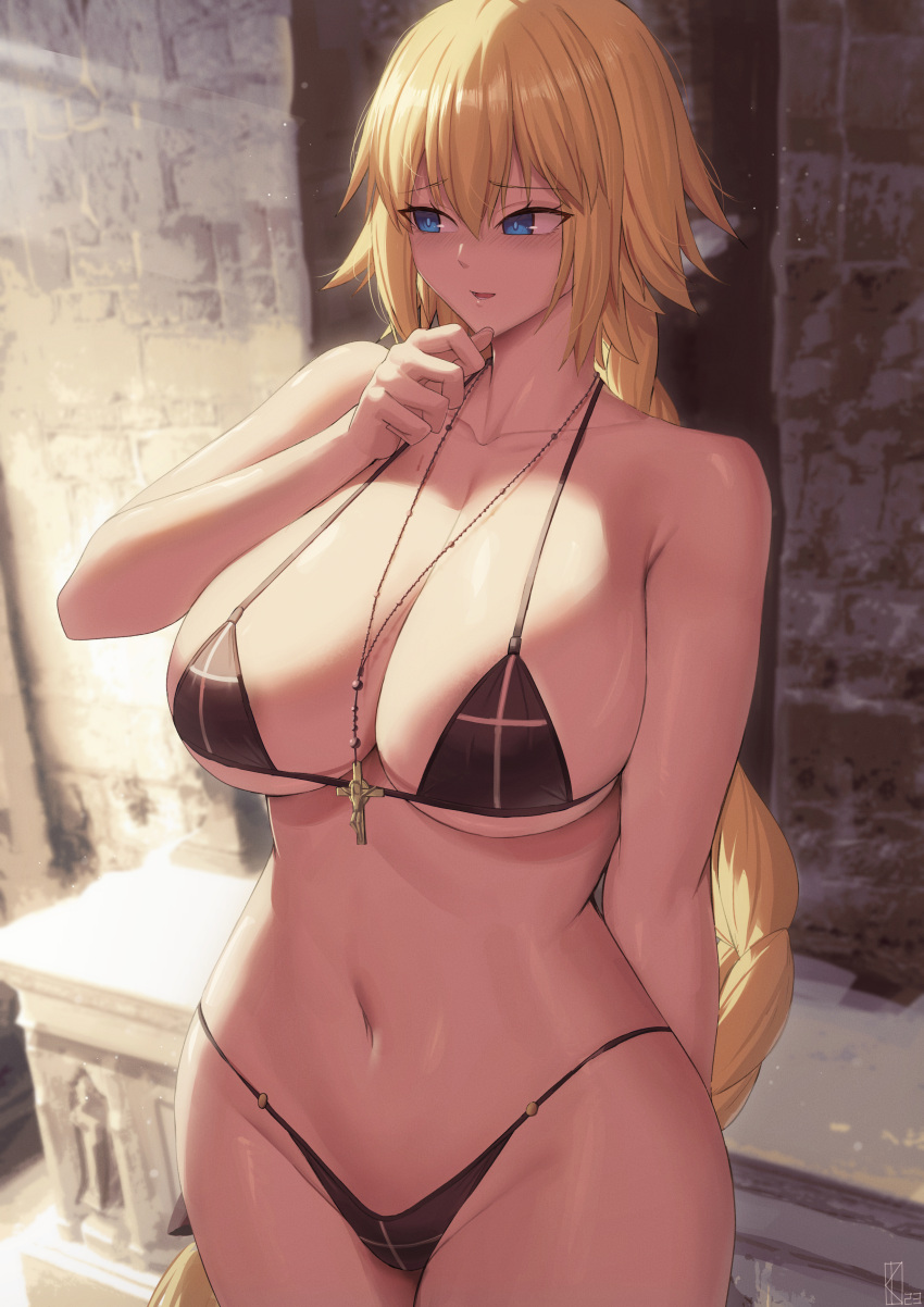 1girl absurdres alternate_costume bare_shoulders bikini black_bikini blonde_hair blue_eyes blush braid braided_ponytail breasts cleavage collarbone cross cross_necklace fate/apocrypha fate/grand_order fate_(series) highres jeanne_d'arc_(fate) jeanne_d'arc_(ruler)_(fate) jewelry kakeku large_breasts long_hair looking_to_the_side navel necklace open_mouth smile solo stomach swimsuit very_long_hair