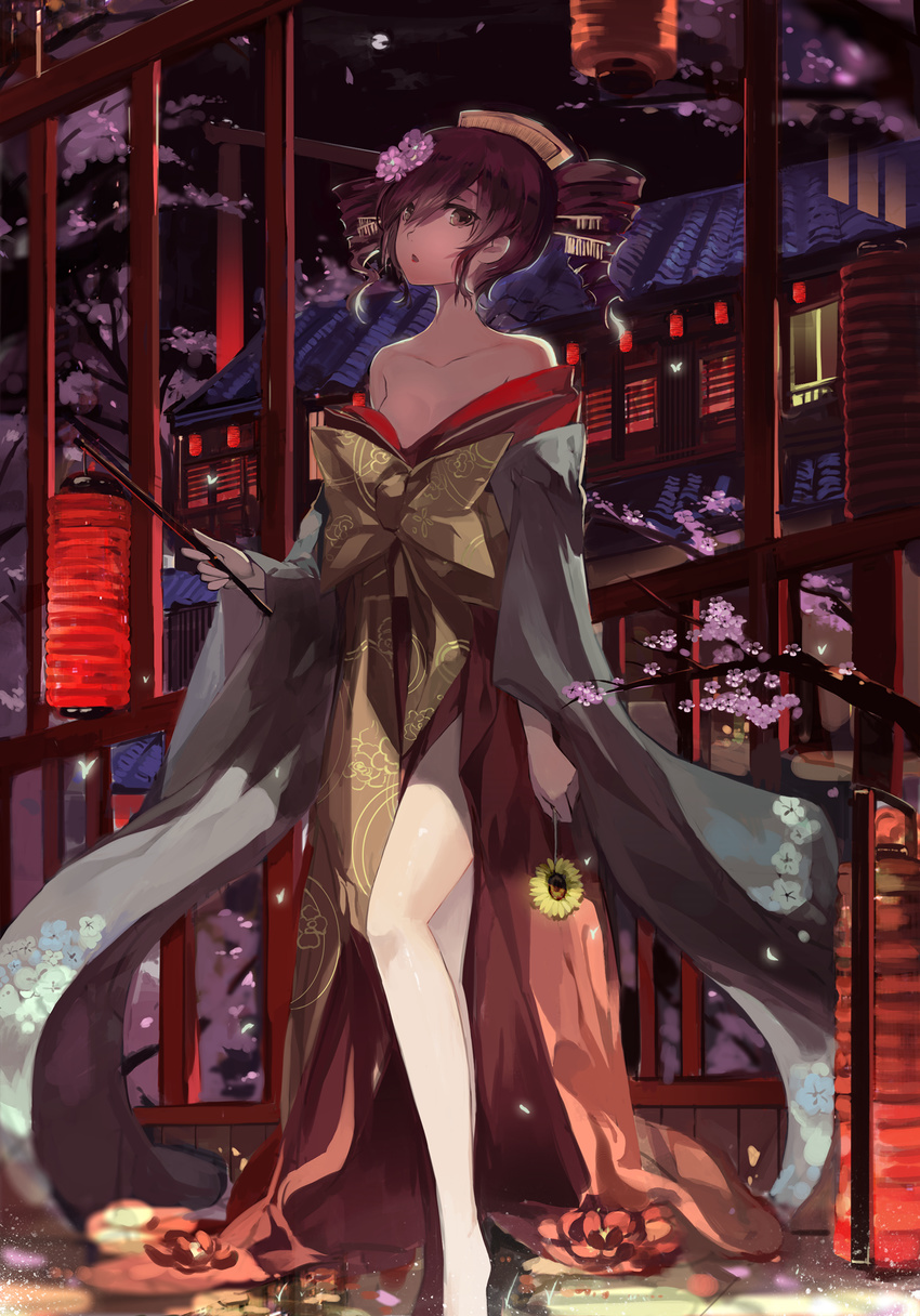 architecture bare_legs bare_shoulders brown_eyes cherry_blossoms collarbone comb drill_hair east_asian_architecture flower hair_flower hair_ornament hairpin highres japanese_clothes kasane_teto kimono lantern night obi petals red_hair saberiii sash solo sunflower twin_drills twintails utau yoshiwara_lament_(song)