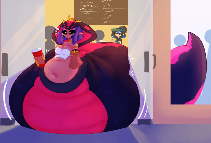 animal_humanoid apode belly beverage big_belly big_breasts big_tail black_sclera breasts cleavage clothed clothing coffee crown draconcopode duo female hair headgear hi_res hood huge_tail human humanoid humanoid_pointy_ears hyper hyper_tail lamia legless mammal morbidly_obese morbidly_obese_female morbidly_obese_humanoid motion_lines mysterydad navel obese obese_female obese_humanoid overweight overweight_female overweight_humanoid purple_hair reptile reptile_humanoid scalie scalie_humanoid serpentine snake snake_humanoid split_form stel_(mysterydad) stuck tail wide_eyed yellow_eyes