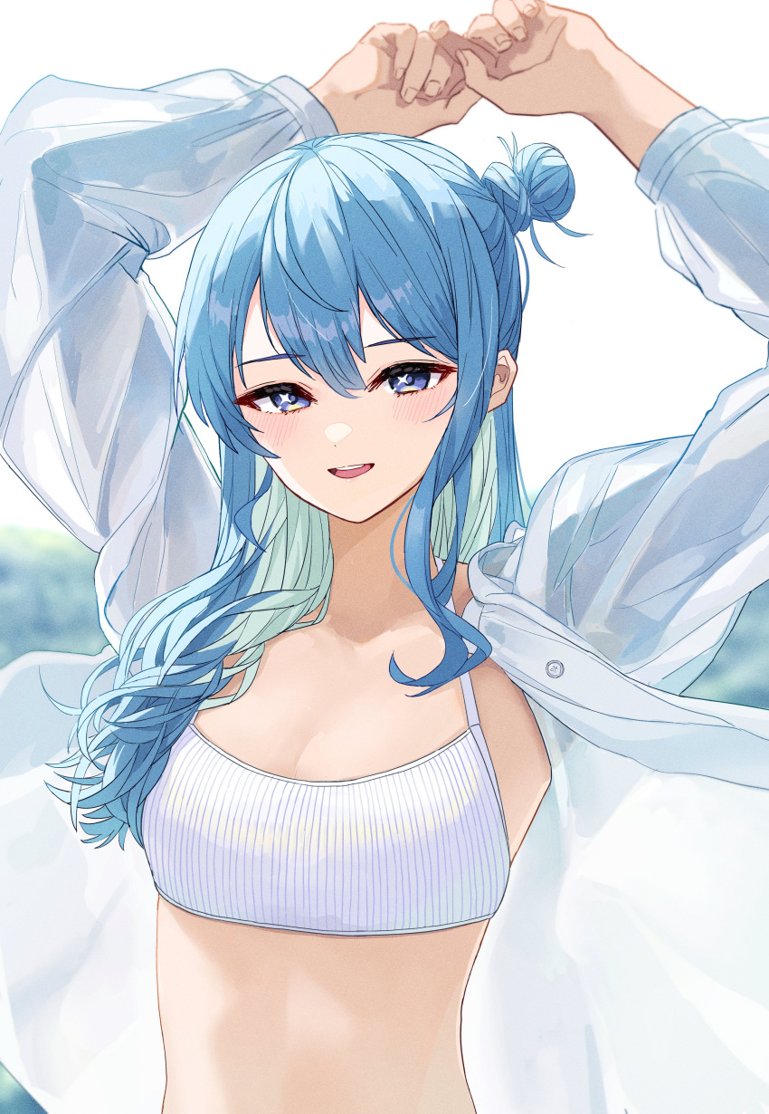 1girl absurdres alternate_costume arms_up blue_eyes blue_hair breasts cleavage commentary crop_top hair_bun highres hololive hoshimachi_suisei long_sleeves looking_at_viewer midriff open_clothes open_mouth open_skirt see-through_silhouette shirt single_hair_bun skirt small_breasts smile solo star_(symbol) star_in_eye symbol-only_commentary symbol_in_eye tagosaku_(tatsukiuma0329) teeth upper_body upper_teeth_only virtual_youtuber white_shirt