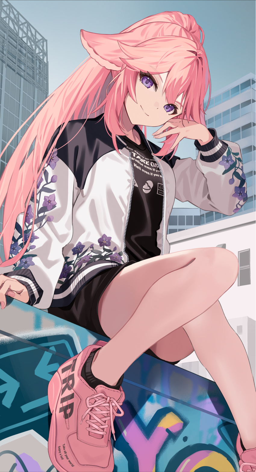 1girl alternate_costume alternate_hairstyle animal_ears ankle_socks arm_up black_socks building closed_mouth cross-laced_footwear dress_shirt feet_out_of_frame floral_print fox_ears genshin_impact graffiti hair_between_eyes high_ponytail highres jacket jewelry light_smile long_hair long_sleeves looking_at_viewer motto_(night_wear) open_clothes open_jacket parted_bangs pink_footwear pink_hair pink_nails ponytail purple_eyes shirt shoes sidelocks sitting smile sneakers socks solo white_jacket yae_miko