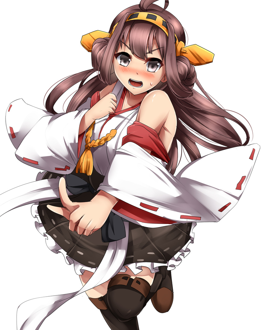 bare_shoulders black_legwear blush brown_hair detached_sleeves grey_eyes hair_ornament highres kantai_collection kongou_(kantai_collection) long_hair open_mouth shirt simple_background skirt solo standing standing_on_one_leg thighhighs umakatsuhai very_long_hair white_background wide_sleeves zettai_ryouiki