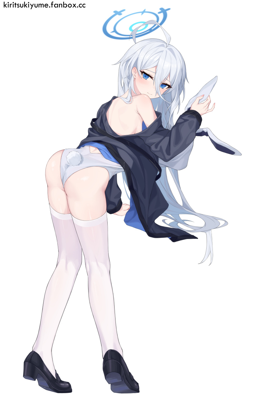 1girl absurdres animal_ears arm_support ass backless_leotard bare_shoulders bent_over black_shirt blue_eyes blush clothes_pull embarrassed fake_animal_ears_removed from_behind full_body hair_between_eyes halo hand_up high_heels highres knees_together_feet_apart leaning_forward legs leotard long_hair looking_at_viewer looking_back messy_hair off_shoulder original rabbit_ears shirt shirt_pull skindentation solo thighhighs thighs very_long_hair white_hair white_leotard yume_(454565427)