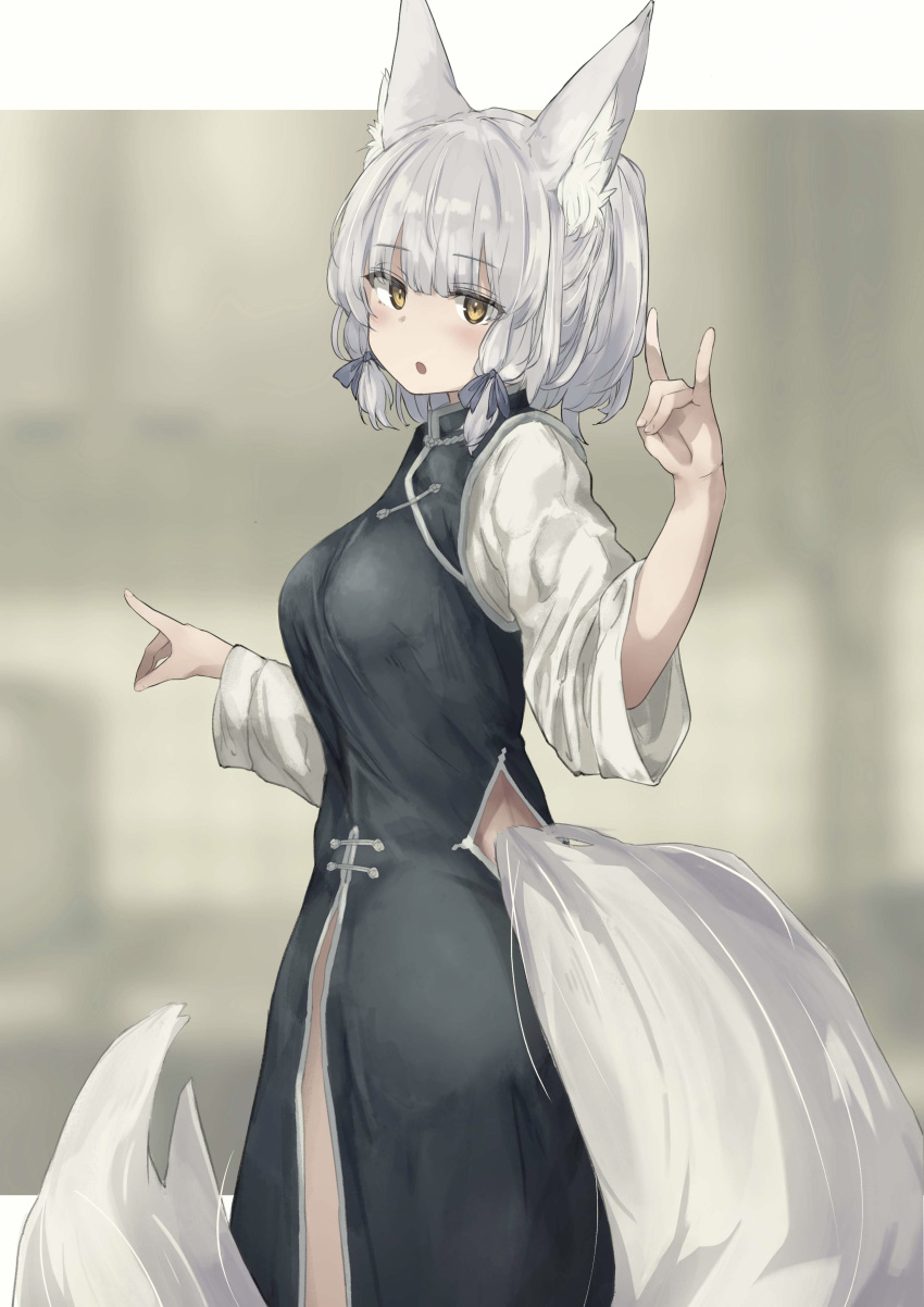 1girl :o absurdres animal_ears black_bow black_dress blunt_bangs blush bow bowchan breasts china_dress chinese_clothes commentary_request cowboy_shot double_fox_shadow_puppet dress fox_ears fox_girl fox_shadow_puppet fox_tail grey_background grey_hair hair_bow hands_up highres hip_vent long_sleeves looking_at_viewer machikado_mazoku medium_breasts open_mouth riko_(machikado_mazoku) shirt short_hair sidelocks simple_background solo standing tail white_shirt wide_sleeves yellow_eyes