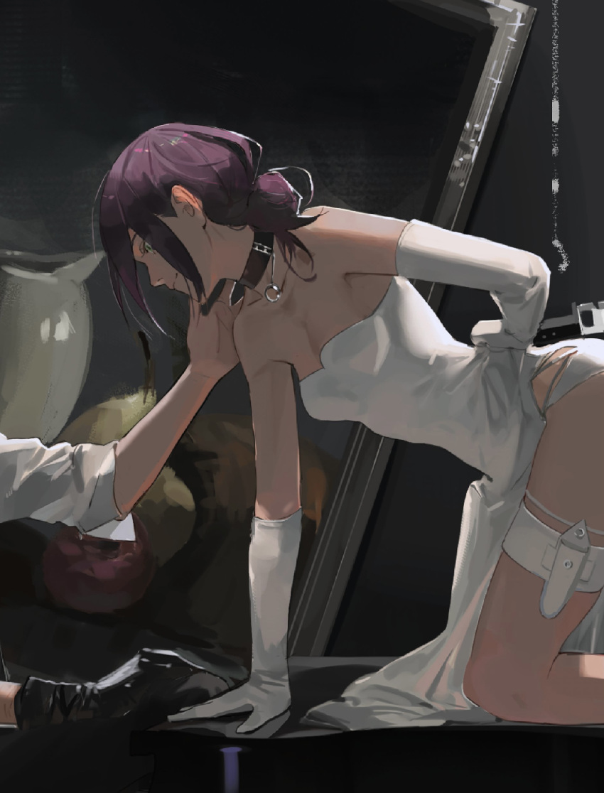 1girl 1other absurdres black_choker breasts chainsaw_man choker closed_mouth dress elbow_gloves gloves green_eyes grenade_pin hair_bun highres holding holding_knife instrument knife null_(skev7724) painting_(object) piano profile purple_hair reze_(chainsaw_man) shirt single_hair_bun small_breasts smile thigh_sheath thigh_strap white_dress white_gloves white_shirt