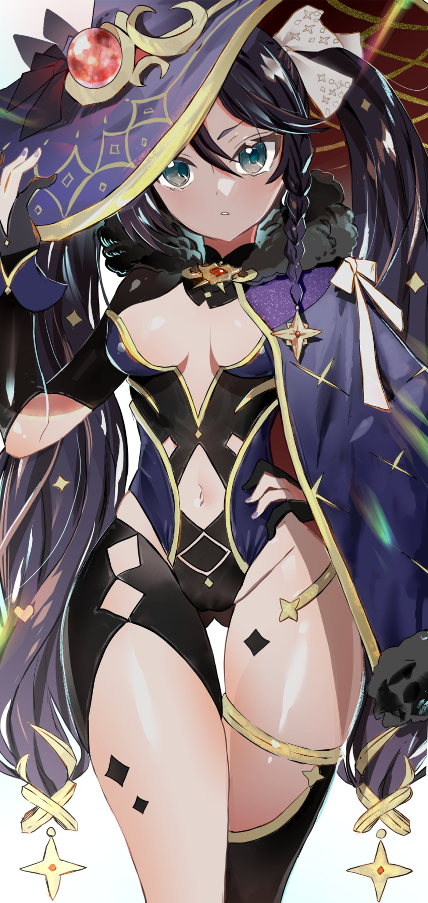 1girl absurdres ass_visible_through_thighs black_gloves black_hair clothing_cutout cowboy_shot genshin_impact gloves gold_trim green_eyes hat highres leotard long_hair looking_at_viewer mona_(genshin_impact) navel navel_cutout parted_lips partially_fingerless_gloves ryoma_(rym_369) solo thighs very_long_hair witch_hat