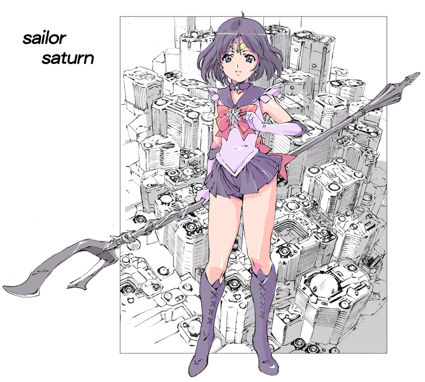 back_bow bishoujo_senshi_sailor_moon black_hair boots bow brooch character_name choker cross-laced_footwear elbow_gloves full_body gloves highres holding holding_spear holding_weapon jewelry knee_boots lace-up_boots magical_girl moriguchi_nao_(naonao) polearm purple_eyes purple_footwear purple_sailor_collar purple_skirt red_bow ribbon sailor_collar sailor_saturn sailor_senshi_uniform short_hair silence_glaive skirt smile solo spear star star_choker tiara tomoe_hotaru weapon white_gloves