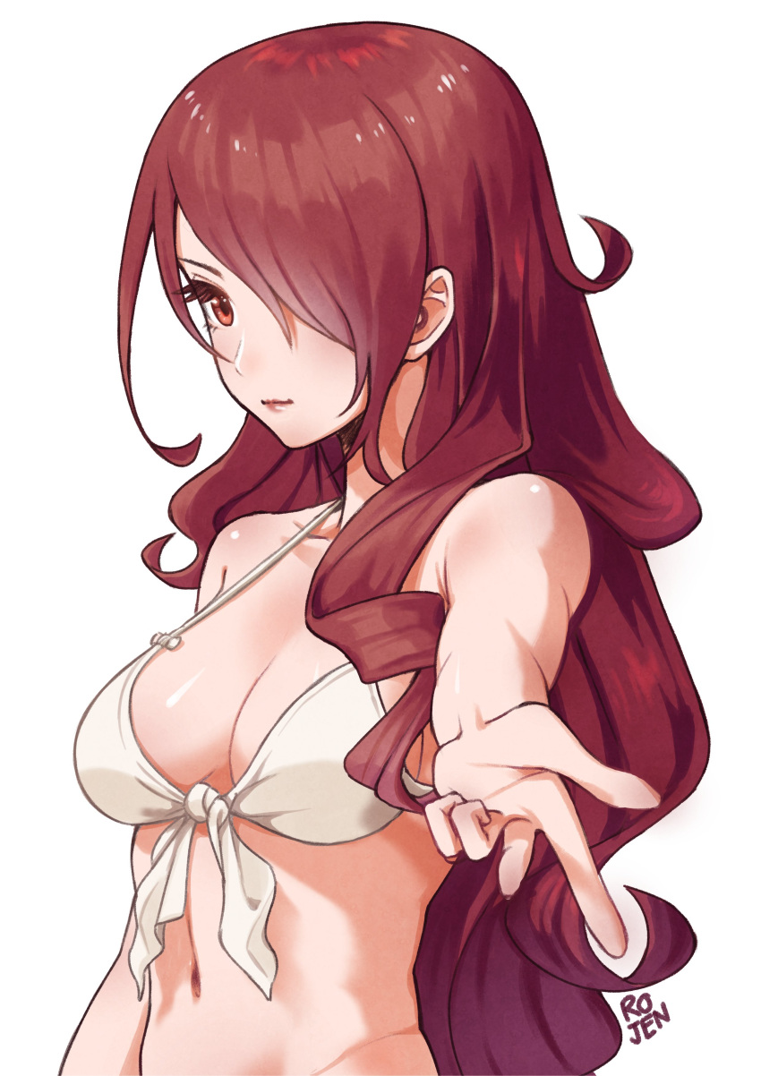 1girl absurdres alternate_costume artist_name bikini breasts cleavage closed_mouth commentary hair_over_one_eye highres kirijou_mitsuru lips long_hair looking_at_viewer medium_breasts navel one_eye_covered persona persona_3 pink_lips pointing pointing_at_viewer red_hair rojen simple_background smile solo stomach swimsuit symbol-only_commentary very_long_hair white_background white_bikini