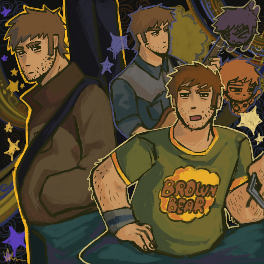 1boy arm_hair bara beard_stubble belly brown_hair chibi clothes_writing collage denim derivative_work forked_eyebrows hairy half-closed_eyes hands_in_pockets highres jacket jeans katycatdoodles long_sideburns looking_to_the_side male_focus manga_panel_redraw pants plump scott_pilgrim_(series) scott_pilgrim_takes_off shirt short_hair sideburns sitting starry_background stephen_stills t-shirt thick_eyebrows