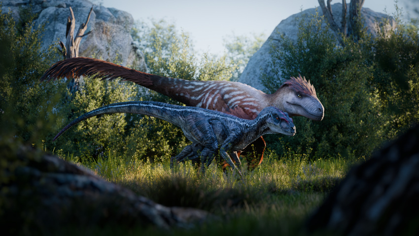 16:9 3d_(artwork) absurd_res blender_(software) claws detailed_background digital_media_(artwork) dinosaur dromaeosaurid duo feathers female forest grass hi_res jurassic_park jurassic_world kretduy light male male/female outside plant reptile rock scalie sky sunlight tail theropod tree universal_studios utahraptor velociraptor velociraptor_(jurassic_park_3) widescreen