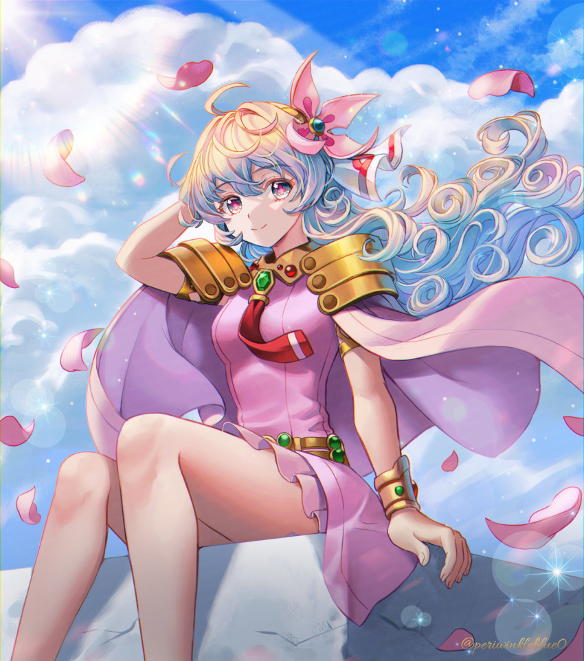 +_+ 1girl armlet blonde_hair bracelet cape cloud cloudy_sky dress hc_(razel1) highres jewelry long_hair looking_at_viewer necktie nia_teppelin petals pink_cape pink_dress red_necktie sitting sky smile solo tengen_toppa_gurren_lagann