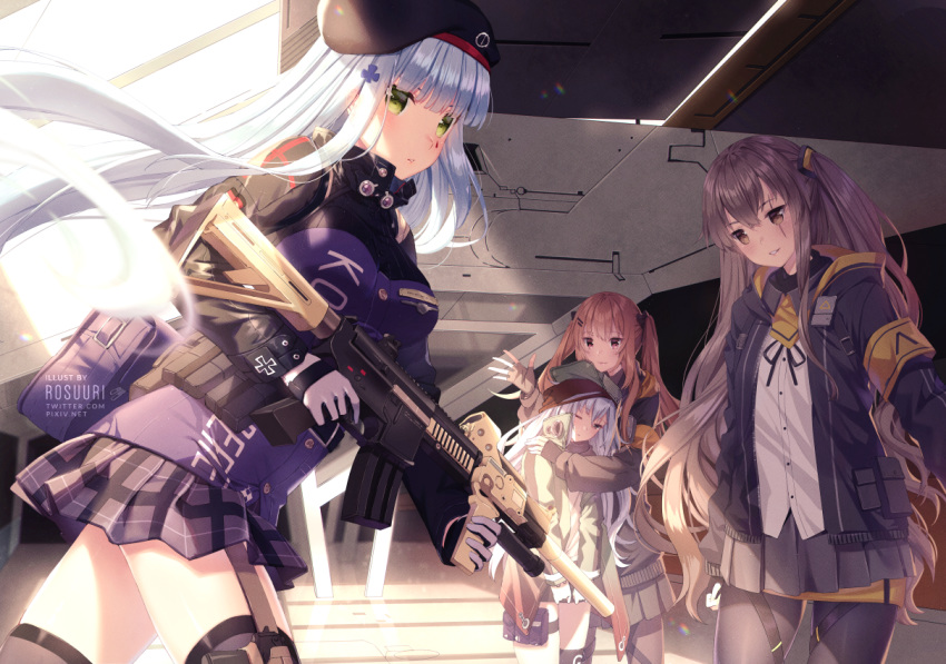 404_(girls_frontline) 4girls ammunition ammunition_belt anthropomorphism armband assault_rifle bangs beret black_hat black_legwear blunt_bangs blush breasts brown_eyes brown_hair closed_mouth commentary cowboy_shot eyebrows_visible_through_hair finger_on_trigger flat_cap g11_(girls_frontline) girls_frontline gloves gray_hair green_eyes gun hair_between_eyes hair_ornament hat heckler_&amp;_koch hk416 hk416_(girls_frontline) holding holding_gun holding_weapon jacket large_breasts long_hair long_sleeves looking_at_viewer miniskirt multiple_girls one_eye_closed one_side_up pantyhose parted_lips plaid plaid_skirt pleated_skirt rifle rosuuri scar scar_across_eye silver_hair skirt solo standing strap_gap thigh_strap thighhighs twintails ump-45_(girls_frontline) ump-9_(girls_frontline) ump45_(girls_frontline) ump9_(girls_frontline) very_long_hair watermark weapon wink zettai_ryouiki