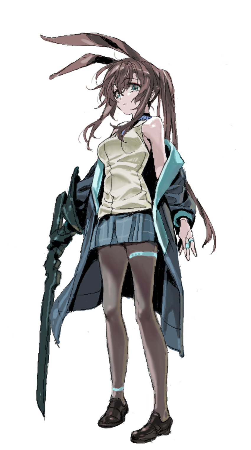 1girl absurdres amiya_(arknights) animal_ears arknights arms_at_sides bare_shoulders black_footwear blue_coat blue_eyes blue_skirt breasts brown_hair brown_pantyhose closed_mouth coat full_body highres holding holding_sword holding_weapon jewelry loafers long_hair long_sleeves looking_at_viewer miniskirt nobita_(makoto7060355) off_shoulder pantyhose ponytail ring shirt shoes simple_background skirt sleeveless sleeveless_shirt small_breasts solo standing sword weapon white_background