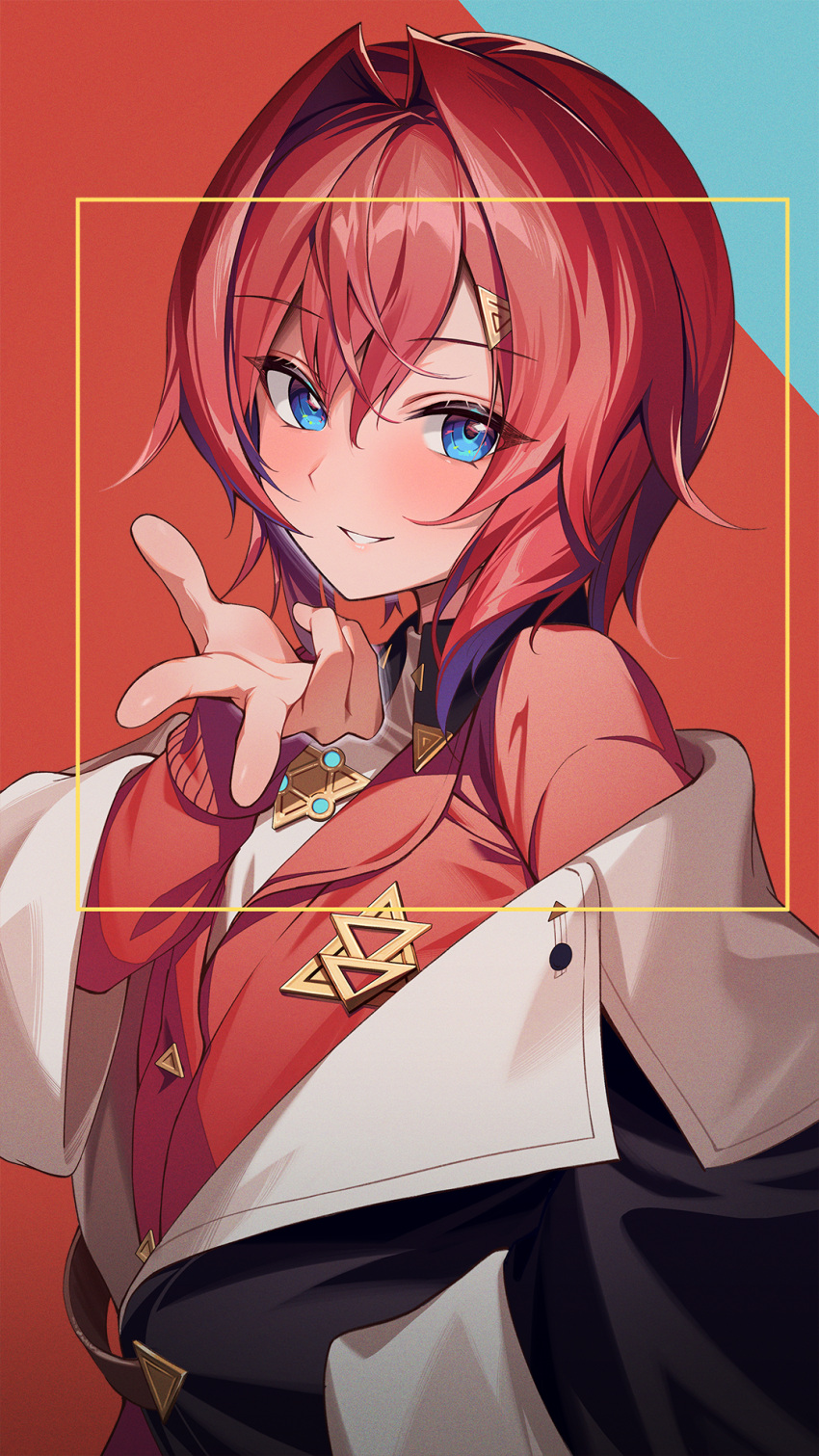 1girl ange_katrina ange_katrina_(1st_costume) black_jacket blue_eyes coat commentary hair_between_eyes hair_intakes highres jacket kainown lapels long_sleeves looking_at_viewer nijisanji off_shoulder red_background red_coat red_hair red_theme shirt short_hair smile solo triangle_hair_ornament turtleneck upper_body virtual_youtuber white_shirt