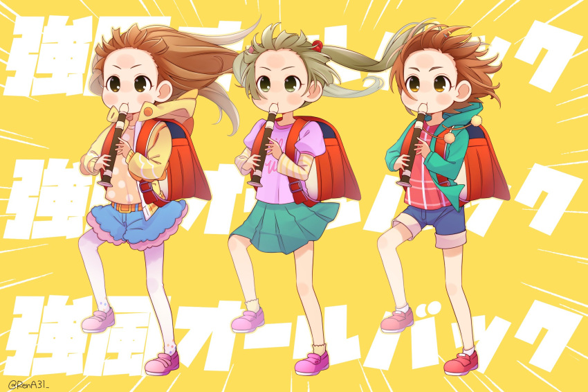 31reyo 3girls backpack bag brown_eyes brown_hair floating_hair flute full_body grey_eyes grey_hair highres holding_recorder hood hoodie ichihara_nina idolmaster idolmaster_cinderella_girls instrument kyoufuu_all_back_(vocaloid) long_hair multiple_girls randoseru recorder red_bag ryuzaki_kaoru shirt shoes short_hair shorts skipping skirt sneakers t-shirt twintails wind yokoyama_chika