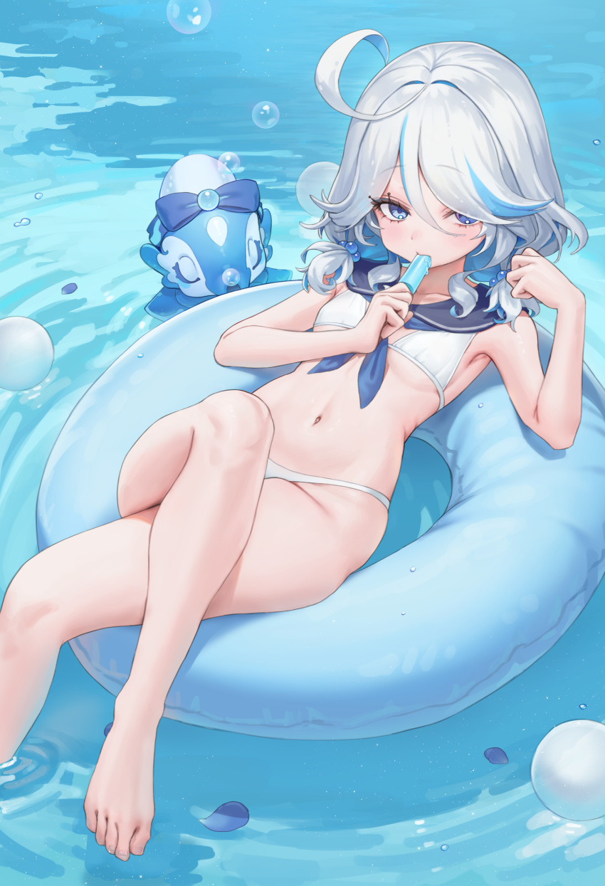 1girl absurdres ahoge barefoot bikini blue_eyes blue_hair blue_sailor_collar breasts bubble feet food foot_out_of_frame furina_(genshin_impact) genshin_impact hair_between_eyes hair_bobbles hair_ornament highres innertube legs looking_at_viewer low_twintails p00nipooni petals popsicle ripples sailor_bikini sailor_collar short_twintails small_breasts surintendante_chevalmarin swimsuit toenails toes twintails water white_bikini white_hair