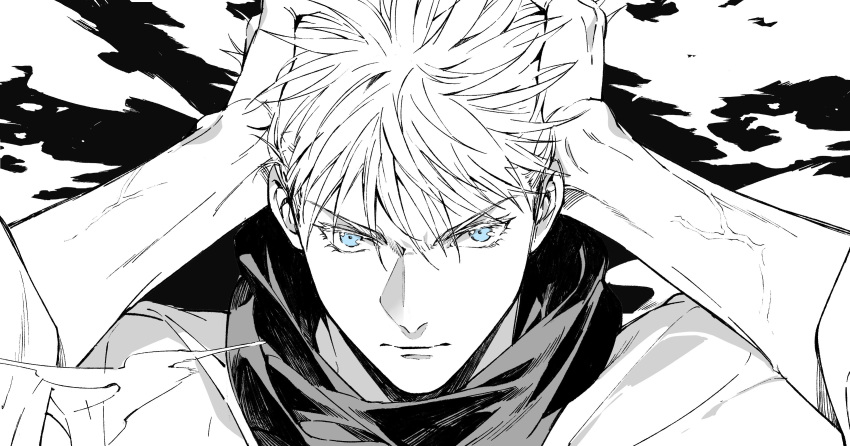 1boy absurdres blue_eyes gojou_satoru greyscale hands_on_own_head highres jujutsu_kaisen lips looking_at_viewer male_focus monochrome portrait satsuki_g solo spot_color veins veiny_arms