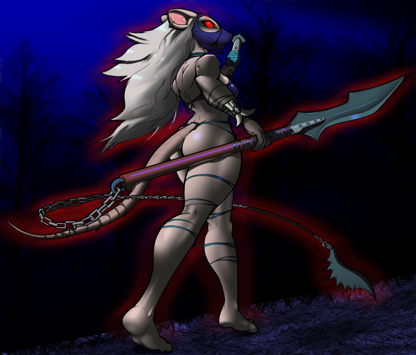 2023 anthro bluedraggy breasts brown_body brown_fur bubble_butt butt clothed clothing curvy_figure danonymous detailed_background digital_drawing_(artwork) digital_media_(artwork) ear_piercing ear_ring female fur glowing glowing_eyes grey_hair hair hasbro hi_res ink-eyes long_hair long_tail looking_back magic:_the_gathering mammal mask melee_weapon murid murine nezumi_(magic:_the_gathering) night outside piercing polearm rat red_eyes ring_piercing rodent skimpy solo tail thick_thighs third-party_edit weapon wizards_of_the_coast