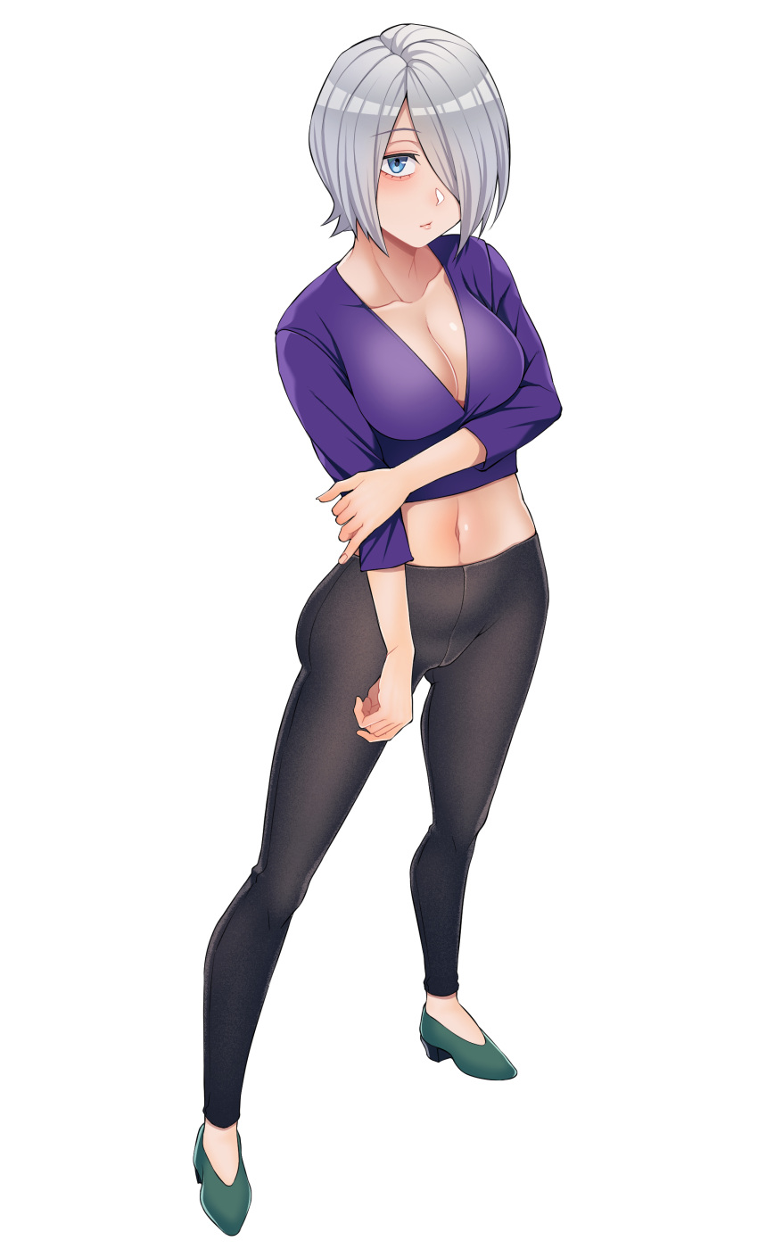 1girl absurdres black_pants boku_no_hero_academia breasts cleavage collarbone full_body grey_hair hand_on_own_arm high_heels highres kobaji large_breasts long_sleeves navel pants purple_shirt shirt shoes short_hair solo standing