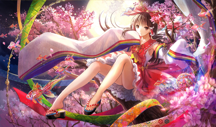 ascot bangs bare_legs bow brown_eyes brown_hair cherry_blossoms clog_sandals detached_sleeves dress fish flying_fish frilled_dress frills fuji_choko full_body full_moon goldfish hair_bow hair_tubes hakurei_reimu hand_to_own_mouth in_tree kikkoumon light_smile long_hair looking_at_viewer moon night no_panties no_socks nontraditional_miko petals red_dress ribbon_trim sitting sitting_in_tree sleeves_past_wrists solo toes touhou tree wide_sleeves