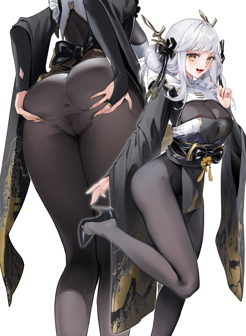 1girl absurdres anus areola_slip ass back black_kimono black_pantyhose blanc_(nikke) blanc_(white_rabbit)_(nikke) blush breasts bridal_gauntlets cleavage commentary covered_anus covered_nipples covered_pussy double_bun goddess_of_victory:_nikke grey_pantyhose hair_bun hair_ornament hair_ribbon high_heels highres japanese_clothes kimono large_breasts long_hair long_sleeves multiple_views obi open_mouth pantyhose pelvic_curtain pussy ribbon sash see-through see-through_cleavage short_kimono sidelocks smile spread_anus spread_ass spread_pussy thighs white_background white_hair wide_sleeves yellow_eyes zhudouzi
