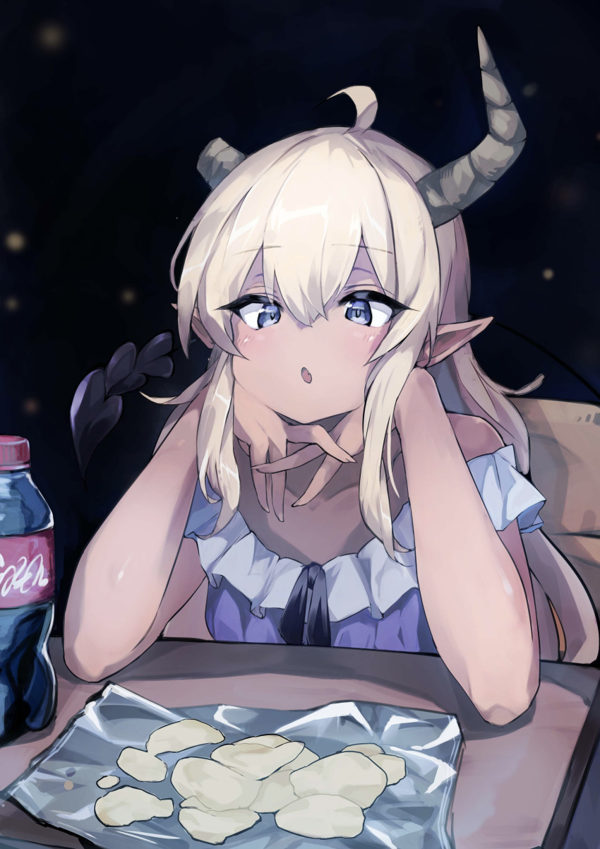 1girl absurdres ahoge black_background blonde_hair blue_eyes blush bowchan chips_(food) cola collarbone commentary_request dark dark-skinned_female dark_skin demon_girl demon_horns demon_tail double-parted_bangs dress elbows_on_table eyes_visible_through_hair fang food hair_between_eyes hands_on_own_cheeks hands_on_own_face head_rest highres horns lilith_(machikado_mazoku) long_hair looking_at_viewer machikado_mazoku open_mouth pointy_ears potato_chips purple_dress relaxing simple_background sitting skin_fang solo table tail tsurime upper_body