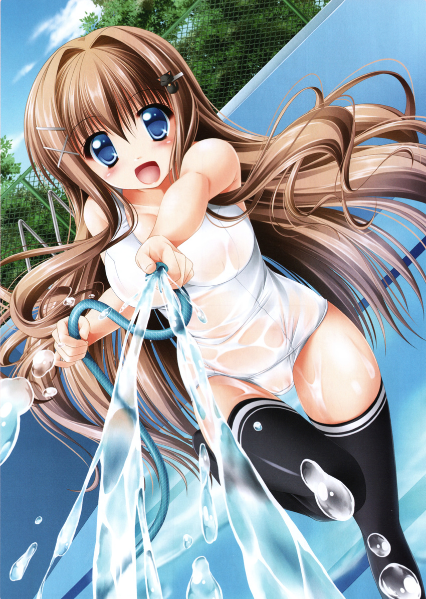 :d absurdres bad_id bad_yandere_id black_legwear blue_eyes blue_sky brown_hair cloud d: day dutch_angle empty_pool highres holding hose kamiya_tomoe long_hair looking_at_viewer one-piece_swimsuit open_mouth original outstretched_arm plant pool running school_swimsuit sky smile solo standing swimsuit tareme thighhighs tree very_long_hair water wet wet_clothes wet_swimsuit white_school_swimsuit white_swimsuit