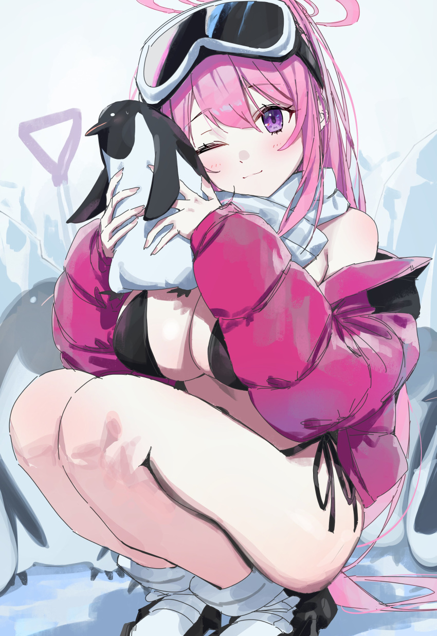 1girl absurdres animal bikini bird black_bikini blue_archive breasts closed_mouth coat double-parted_bangs eimi_(blue_archive) eimi_(swimsuit)_(blue_archive) goggles goggles_on_head hair_between_eyes halo highres holding holding_animal jacket large_breasts light_blush light_smile looking_at_viewer official_alternate_costume official_alternate_hairstyle one_eye_closed open_clothes open_jacket penguin pink_hair pink_halo pink_jacket ponytail purple_eyes scarf side-tie_bikini_bottom ski_goggles squatting swimsuit syhan white_footwear white_scarf winter_clothes winter_coat