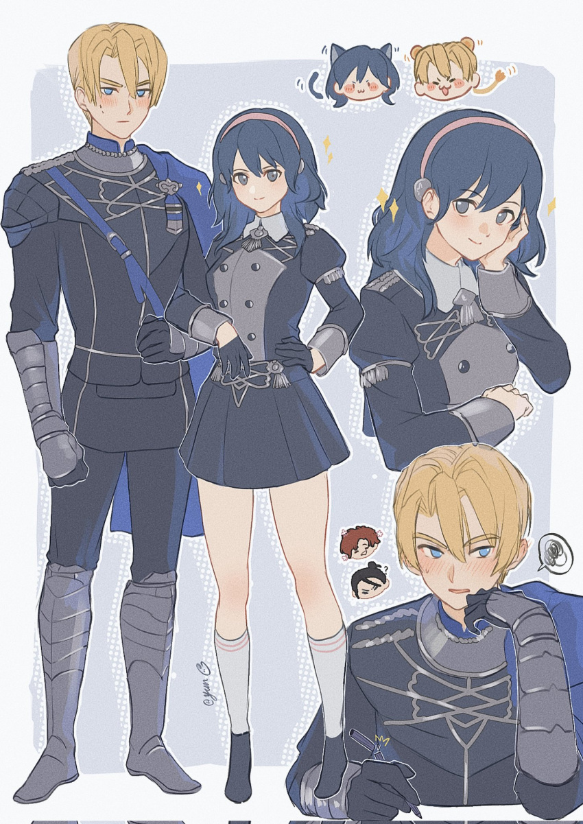 1girl 3boys animal_ears armored_boots black_hair blonde_hair blue_cape blue_eyes boots breasts brown_hair byleth_(female)_(fire_emblem) byleth_(fire_emblem) cape cat_ears cat_tail chibi chibi_inset chinese_commentary commentary_request corrupted_twitter_file dimitri_alexandre_blaiddyd felix_hugo_fraldarius fire_emblem fire_emblem:_three_houses garreg_mach_monastery_uniform gloves grey_eyes hairband half_gloves hand_on_own_hip highres juliet_sleeves kemonomimi_mode lion_ears lion_tail locked_arms long_sleeves medium_breasts miniskirt multiple_boys pink_hairband pleated_skirt puffy_sleeves skirt sparkle spoken_squiggle squiggle sylvain_jose_gautier tail vambraces yun_(dl2n5c7kbh8ihcx)