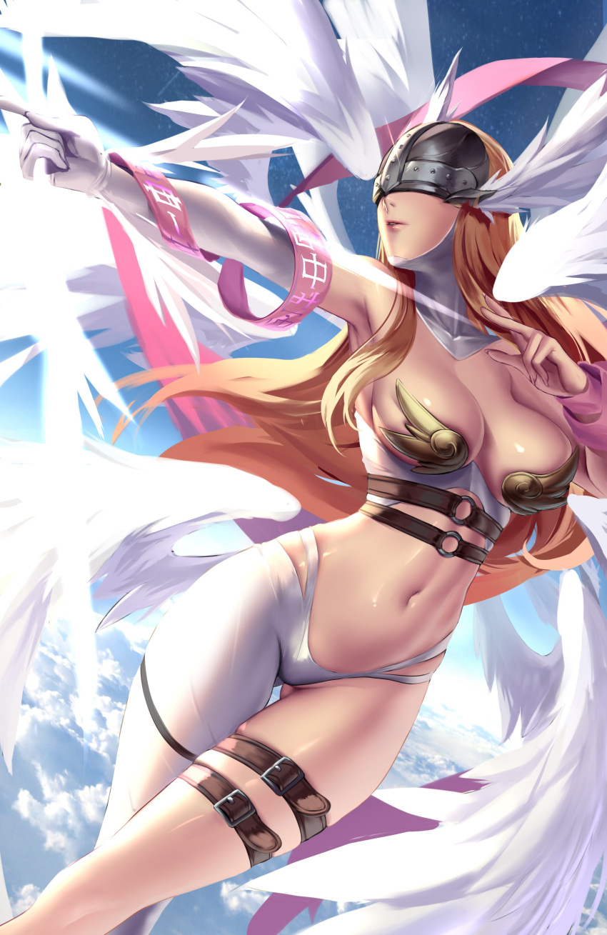 1girl absurdres angel_wings angewomon ass_visible_through_thighs asymmetrical_clothes bare_shoulders belt blonde_hair breasts cian_yo commentary_request covered_eyes day digimon digimon_(creature) elbow_gloves feathered_wings gloves hagoromo head_wings helmet helmet_over_eyes highres large_breasts long_hair metal_bra multiple_wings navel o-ring o-ring_belt outdoors pants shawl single_glove single_pantsleg solo stomach thigh_strap white_gloves white_pants white_wings winged_helmet wings wrist_wings