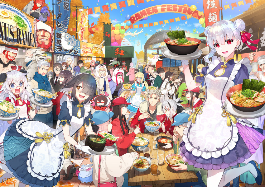 6+boys 6+girls blue_sky blush breasts dress fate/grand_order fate_(series) food highres kama_(fate) large_breasts long_hair looking_at_viewer multiple_boys multiple_girls open_mouth redrop short_hair sky small_breasts smile table xu_fu_(fate)