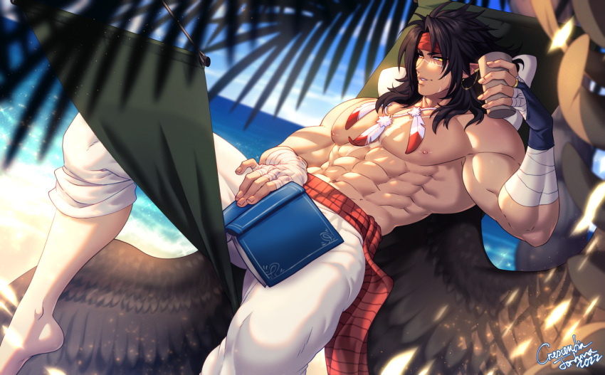 1boy abs artist_request bandages bara beach black_hair book brown_wings come_hither covering_crotch covering_privates cup feather_necklace feathered_wings fire_emblem fire_emblem:_radiant_dawn foot_out_of_frame from_side headband holding holding_book jewelry large_pectorals looking_at_viewer male_focus muscular muscular_male navel necklace nipples pectorals pointy_ears scar seductive_smile smile solo stomach thick_eyebrows thick_thighs thighs tibarn_(fire_emblem) topless_male wings yellow_eyes