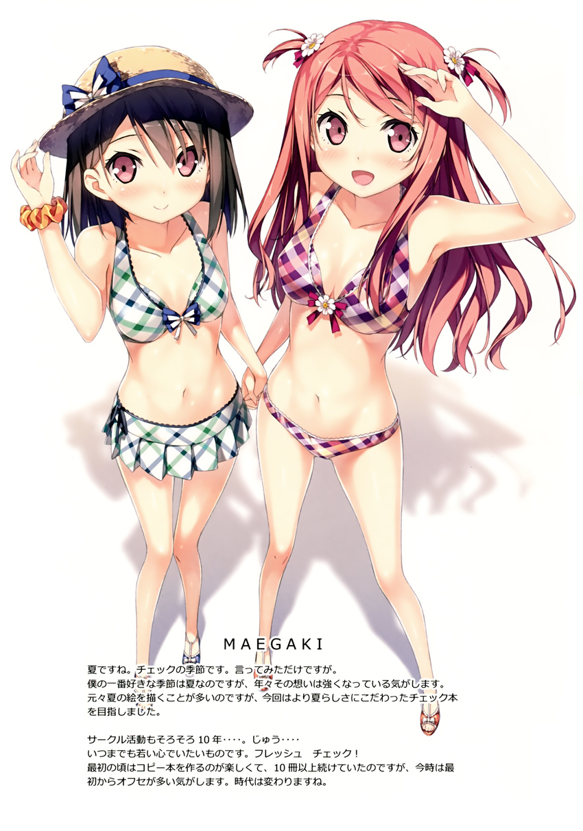 :d absurdres arm_up bikini bikini_skirt black_hair breasts brown_eyes cleavage collarbone flower full_body hair_flower hair_ornament hat highres holding_hands kantoku kurumi_(kantoku) long_hair looking_at_viewer medium_breasts multiple_girls navel open_mouth original red_hair scrunchie shiny shiny_skin shizuku_(kantoku) simple_background small_breasts smile standing stomach straw_hat sun_hat swimsuit two_side_up white_background white_flower wrist_scrunchie