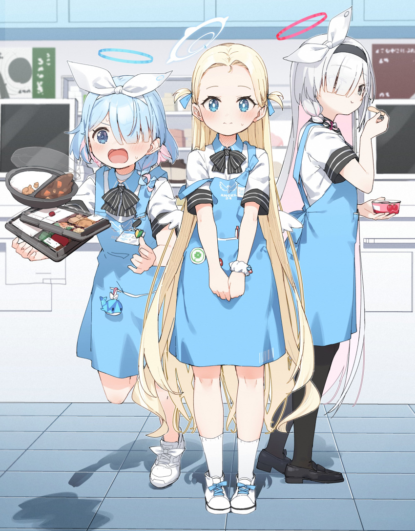 3girls absurdres angel's_24_uniform_(blue_archive) apron arona_(blue_archive) bento black_bow black_bowtie black_footwear black_pantyhose blonde_hair blue_apron blue_archive blue_eyes blue_hair blue_halo bow bowtie braid collared_shirt colored_inner_hair commentary convenience_store curry food fruit grey_eyes grey_hair hair_over_one_eye halo highres ice_cream indoors long_hair multicolored_hair multiple_girls pantyhose pink_hair plana_(blue_archive) polo_shirt red_halo rice shirt shoes shop short_hair short_sleeves single_braid socks sora_(blue_archive) spilling striped striped_bow striped_bowtie umeboshi white_footwear white_shirt white_socks yukie_(kusaka_shi)