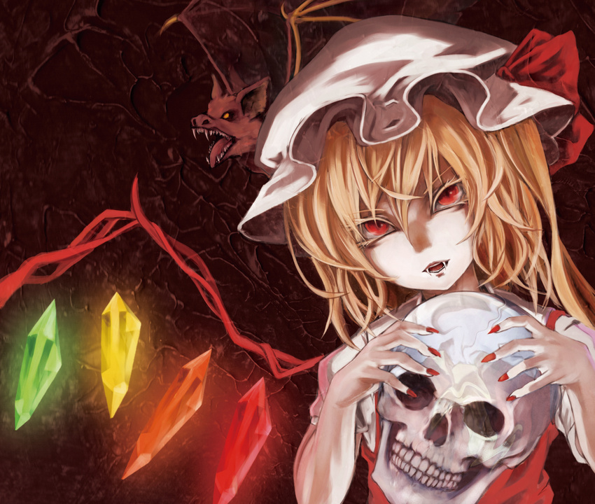 bad_id bad_pixiv_id bat blonde_hair bow fangs fingernails flandre_scarlet hair_bow hat holding lisitsa nail_polish short_hair side_ponytail skull slit_pupils touhou vampire wings