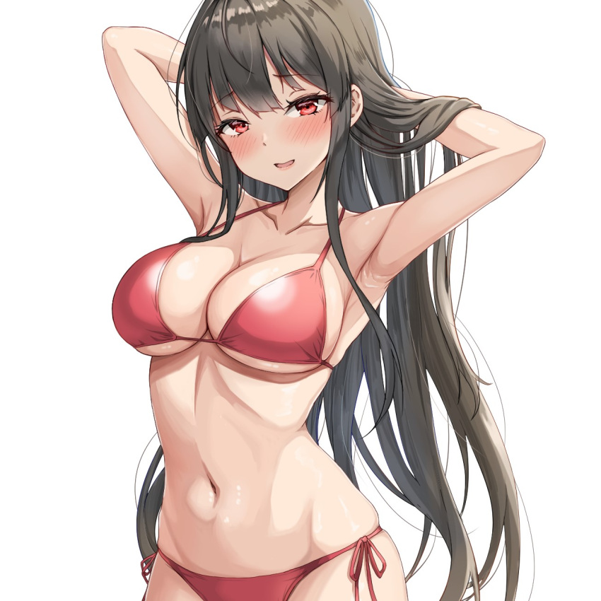 1girl amagi_(amagi626) bikini black_hair breasts cleavage cowboy_shot highres holding holding_hair houraisan_kaguya large_breasts long_hair looking_at_viewer navel red_bikini red_eyes side-tie_bikini_bottom simple_background solo standing swimsuit touhou white_background