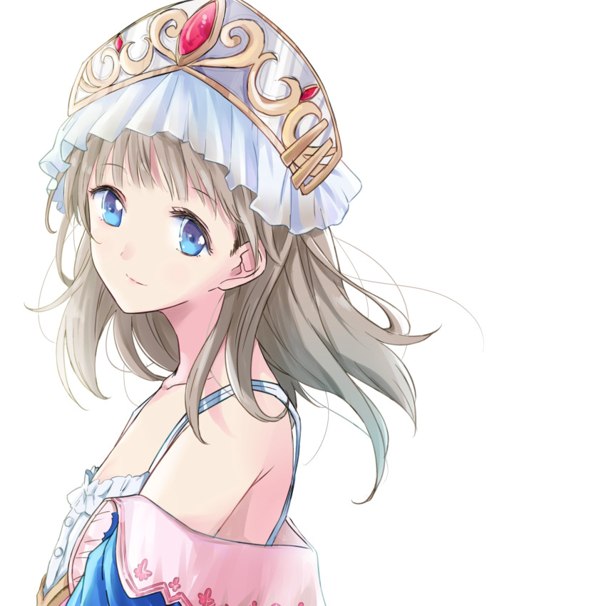 1girl atelier_(series) atelier_totori bare_shoulders blue_sleeves brown_eyes brown_hair closed_mouth collarbone commentary detached_sleeves hair_ornament hat highres long_hair looking_at_viewer maromi_(am97) simple_background smile solo totooria_helmold white_background