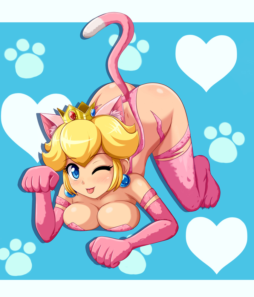 :p animal_ears ass blonde_hair blue_eyes blush breast_press breasts cat_girl cat_paws cat_tail crown earrings fur highres jewelry large_breasts nintendo paws princess_peach sigurd_hosenfeld sigurdhosenfeld solo super_mario_3d_world super_mario_bros. tail tongue tongue_out top-down_bottom-up wink